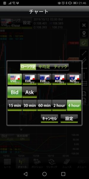YJFXアプリ 通貨ペア変更画面